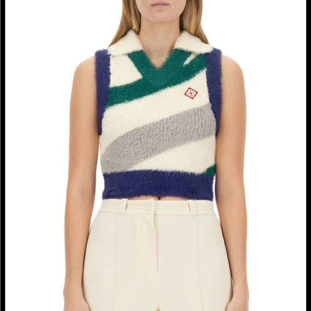 CASABLANCA Striped Fuzzy Knit Cropped Sweater Vest